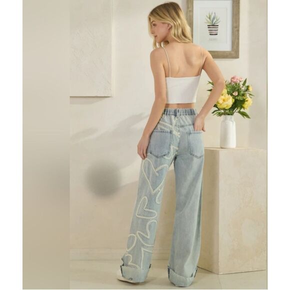 Oli & Hali Washed Hearts Straight Leg Jeans Size L - Picture 2 of 8